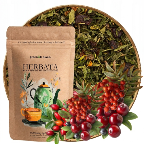 Przejdź do produktu Herbata Zielona liściasta Żurawina Jarzębina Dzika Róża